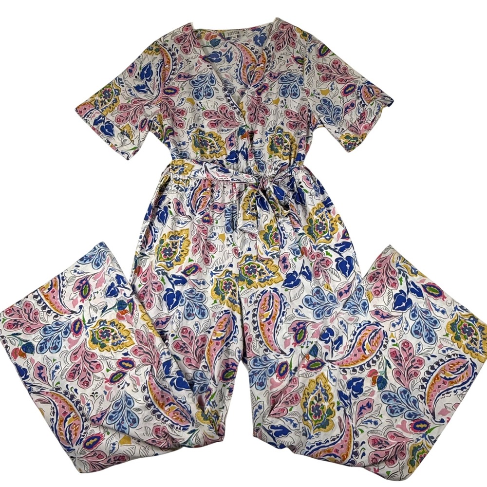 Molly Bracken Womens XL Paisley Floral Wide Leg Jumpsuit V-Neck‎ Tie Waist White